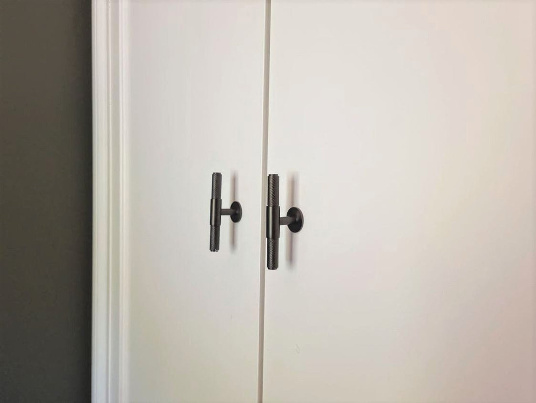 Grey knurled handle cupboard